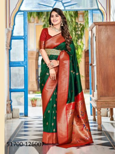 Green Woven Paithani Silk Saree For Traditional / Religious Occasions
