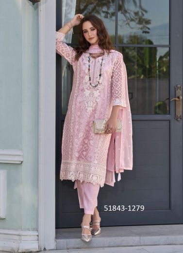 Pink Organza Thread-Work Pakistani Readymade Salwar Kameez For Traditional / Religious Occasions