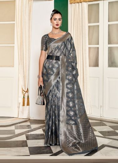 Dark Gray Cotton Modal Silk Weaving Festive-Wear Saree