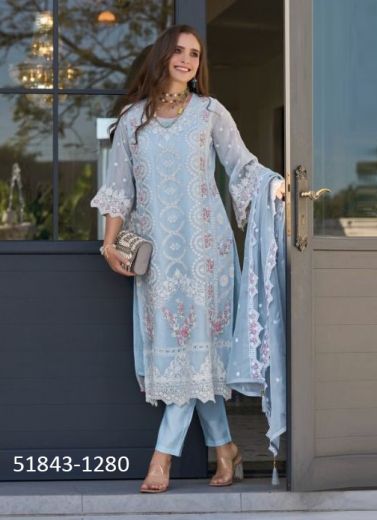 Sky Blue Organza Thread-Work Pakistani Readymade Salwar Kameez For Traditional / Religious Occasions