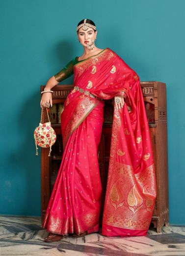 Pink Red Silk Saree With Copper Weaving