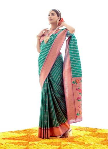 Teal Blue Paithani Silk Weaving Festive-Wear Saree