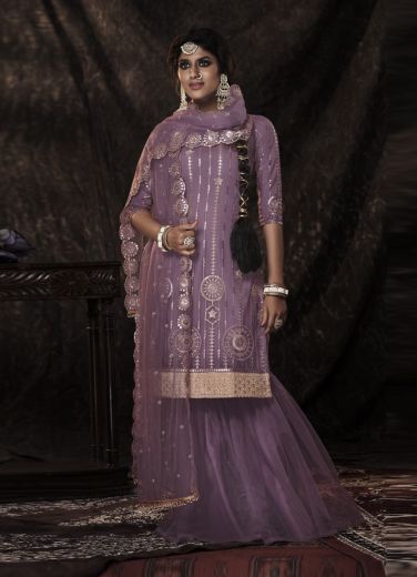 Lavender Net Sequins-Work Ramadan Special Gharara-Bottom Salwar Kameez