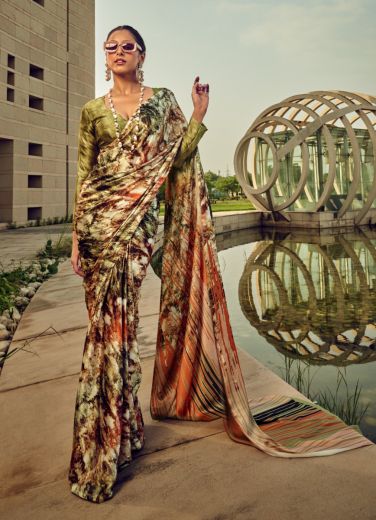 Olive Green Satin Silk Floral Digitally Printed Saree For Kitty Parties