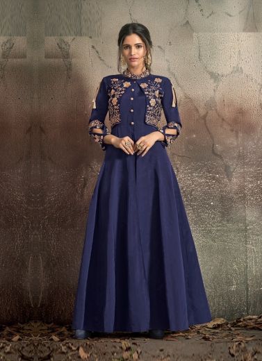 Blue Tapeta Silk Handwork Festive-Wear Floor-Length Readymade Gown