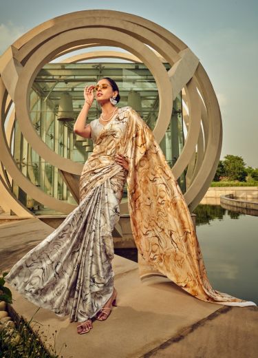 Light Gray & Beige Satin Silk Floral Digitally Printed Saree For Kitty Parties