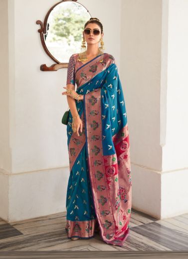Sky Blue Paithani Silk Weaving Party-Wear Saree