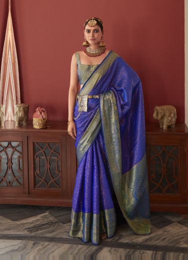 Violet Blue Kanjivaram Silk With Copper Zari Weaving Saree For Evening Parties