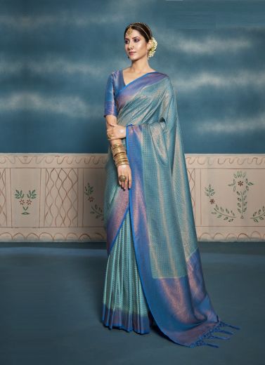 Sky Blue Pure Kanjivaram Silk Weaving Party-Wear Saree