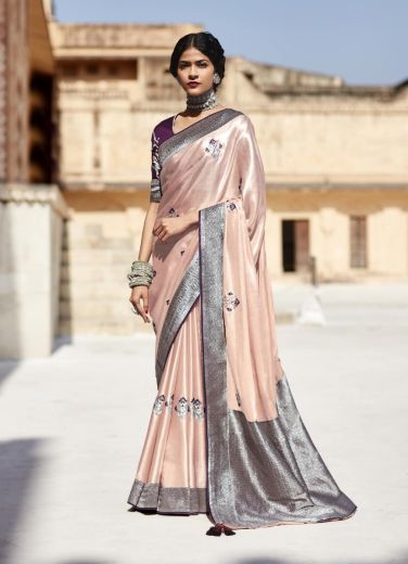 Coral Pink Silk Weaving Wedding-Wear Embroidered Saree