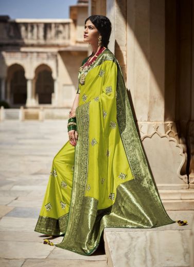 Lemon Green Silk Weaving Wedding-Wear Embroidered Saree