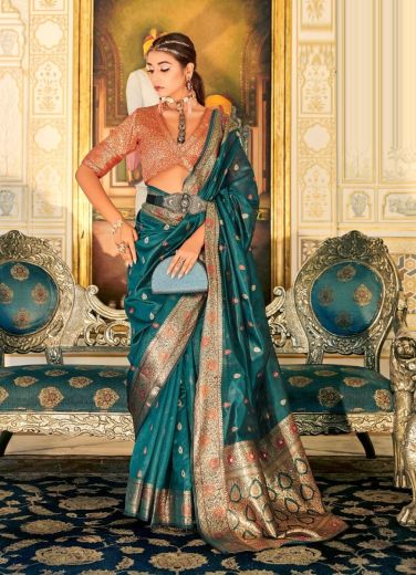 Teal Blue Organza Weaving Jari Silk Saree For Traditional / Religious Occasions
