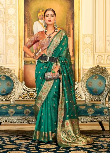 Teal Green Organza Weaving Jari Silk Saree For Traditional / Religious Occasions