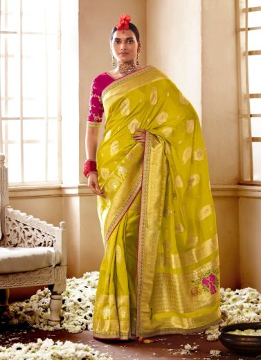 Dark Lemon Pure Banarasi HandWork Wedding Wear Embroidery Saree