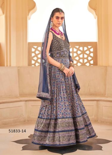 Blue & Purple Silk Foil-Printed Wedding-Wear Readymade Gown With Dupatta