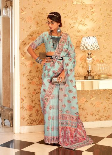 Light Blue Pashmina Silk Printed Winter-Wear Saree