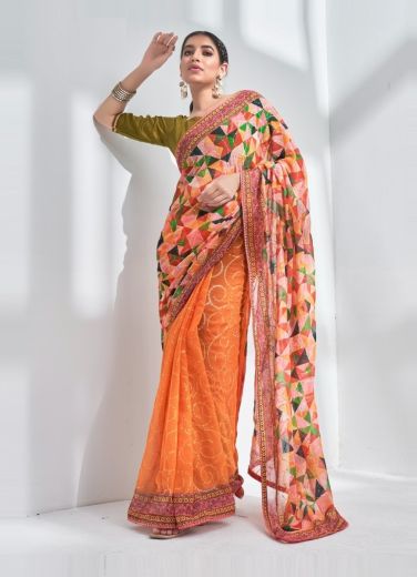 Orange Georgette Digitally Printed Carnival Saree For Kitty Parties