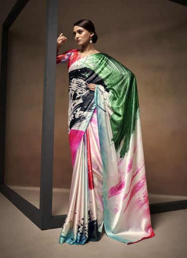 Multicolor Satin Digitally Printed Party-Wear Vibrant Saree