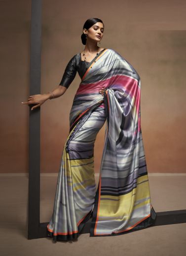 Multicolor Satin Digitally Printed Party-Wear Vibrant Saree
