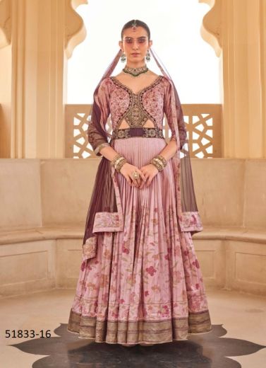 Pink Silk Foil-Printed Wedding-Wear Readymade Gown With Dupatta