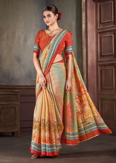 Multicolor Silk Viscose Printed Vibrant Saree For Traditional / Religious Occasions