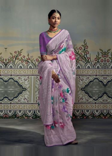 Lilac Brasso Digitally Printed Party-Wear Saree