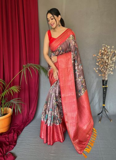 Light Maroon Kanchipuram Floral Digitally Printed Saree For Traditional / Religious Occasions
