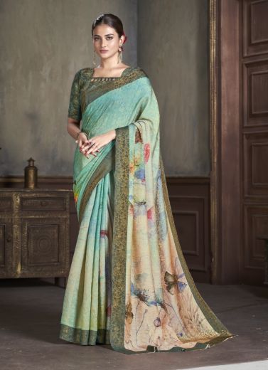 Light Teal Blue Silk Viscose Printed Vibrant Saree For Traditional / Religious Occasions