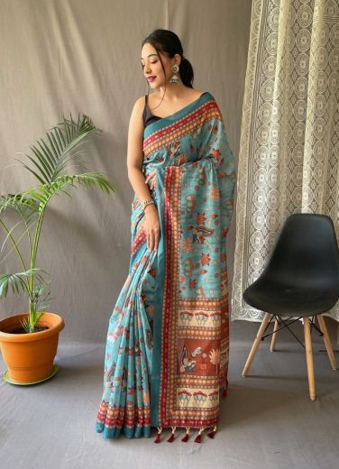 Sky Blue Cotton Kalamkari Digital Printed Festive-Wear Saree