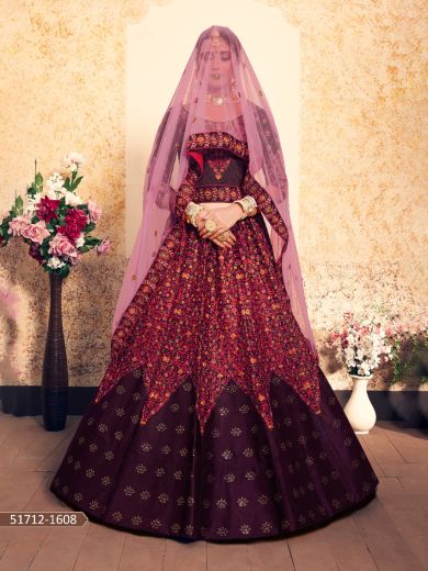 Dark Purple Satin Handwork Wedding-Wear Bridal Lehenga Choli