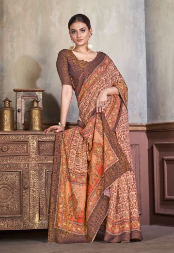 Light Coral Silk Viscose Printed Vibrant Saree For Traditional / Religious Occasions