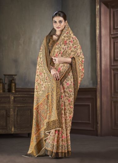 Burlywood Silk Viscose Printed Vibrant Saree For Traditional / Religious Occasions