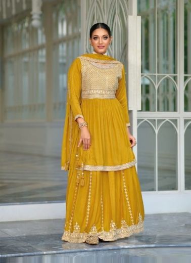 Yellow Premium Silk Thread-Work Festive-Wear Readymade Lehenga-Bottom Salwar Kameez