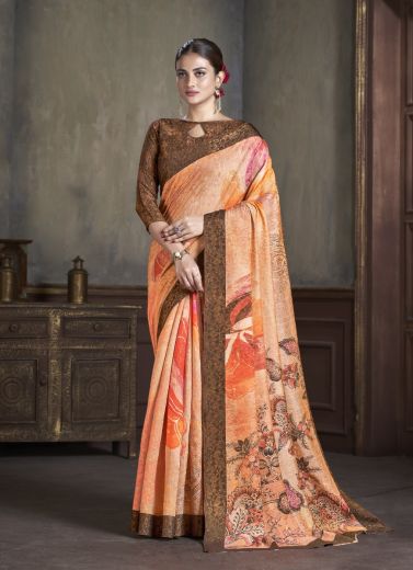Light Salmon Silk Viscose Printed Vibrant Saree For Traditional / Religious Occasions