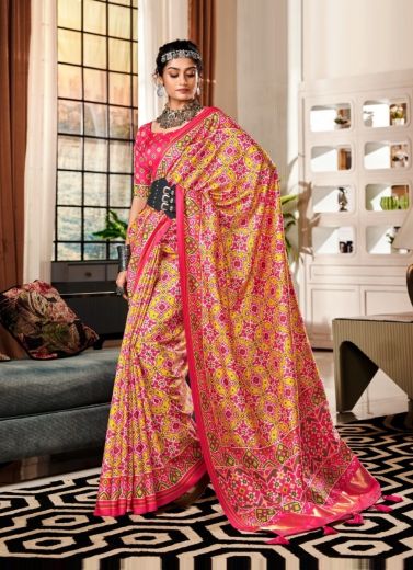 Pink & Yellow Tusser Patola Printed Silk Saree [With Lagdi Patta]