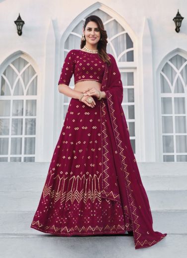 Dark Magenta Georgette With Embroidery, Thread & Sequins-Work Party-Wear Lehenga Choli