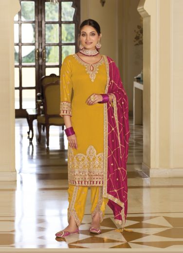 Mustard Yellow Premium Silk Embroidered Readymade Dhoti-Pant Salwar Kameez For Traditional / Religious Occasions