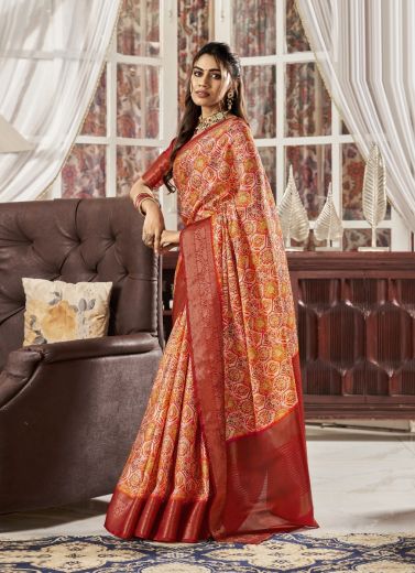 Red Satin Digitally Printed Vibrant Saree For Traditional / Religious Occassions