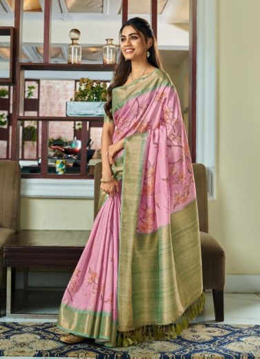 Pink Pure Handloom Kotha Silk Floral Digital Print Festive-Wear Saree