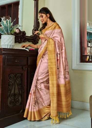 Light Pink Pure Handloom Kotha Silk Floral Digital Print Festive-Wear Saree