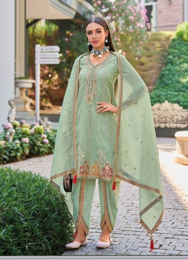 Mint Green Pure Shimmer Organza Embroidered Party-Wear Readymade Dhoti-Pant Salwar Kameez