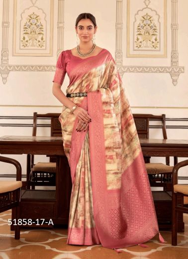 Cream & Dark Pink Nylon Digitally Printed Soft Silk Saree For Traditional / Religious Occasions
