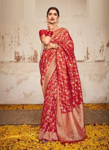Red Dola Silk Weaving Festive-Wear Saree