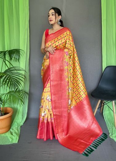 Yellow & Red Digitally Printed Kanjivaram Silk Saree For Traditional / Religious Occasions
