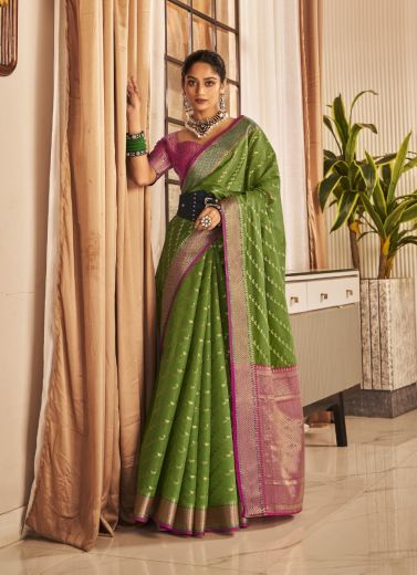 Olive Green Banarasi Silk Festive-Wear Saree
