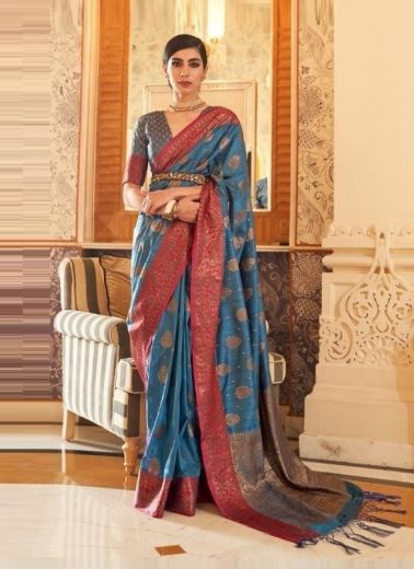 Steel Blue Soft Silk Weaving Festive-Wear Saree