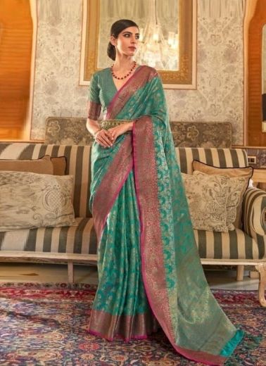 Teal Green Soft Silk Weaving Festive-Wear Saree