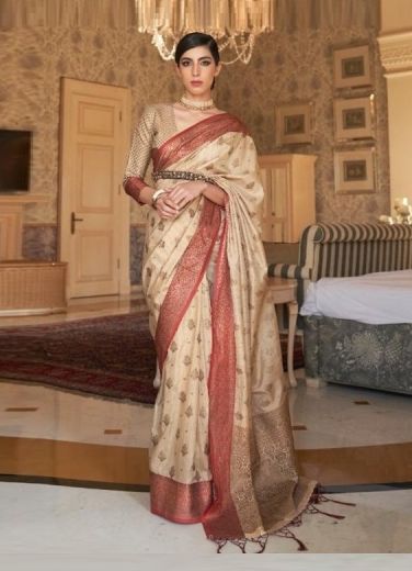 Beige Soft Silk Weaving Festive-Wear Saree