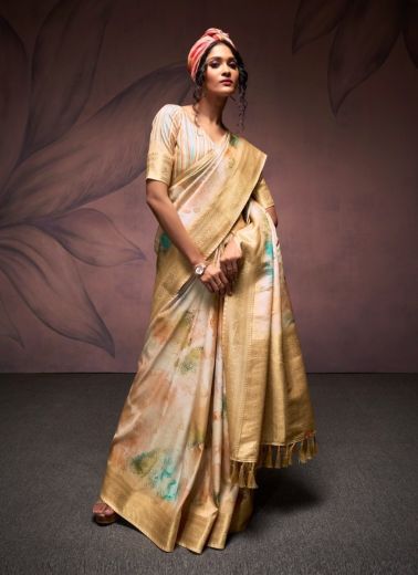 Beige Silk Digitally Printed Carnival Saree For Kitty Parties