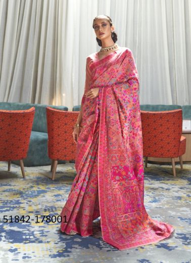 Dark Pink & Magenta Woven Kashmiri Saree For Traditional / Religious Occasions